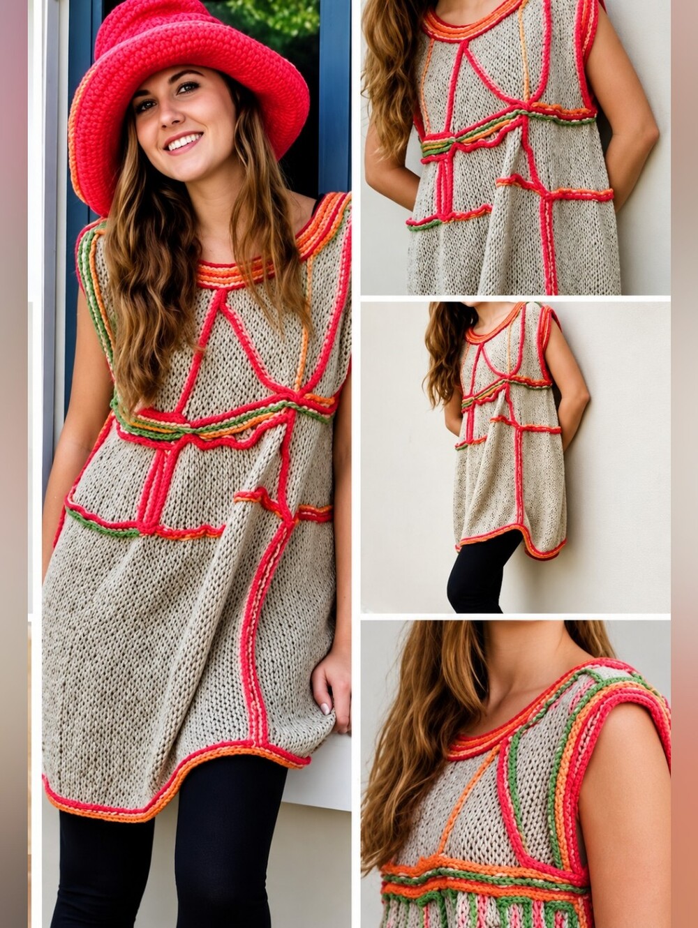 BKA HandKnit Reversible Assymetrical Tunic With Abstract Surface Crochet Accents